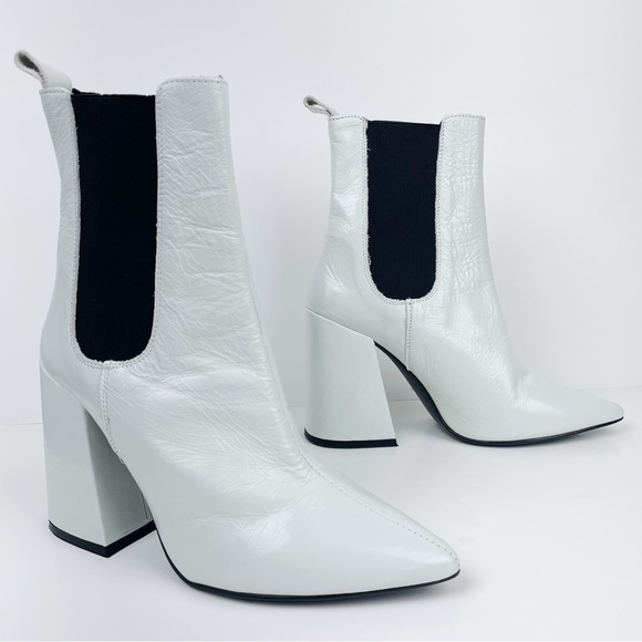 L’Intervalle White Leather Ankle Boots Chunky Heel Pointed Toe Chelsea Slip On - Picture 3 of 13